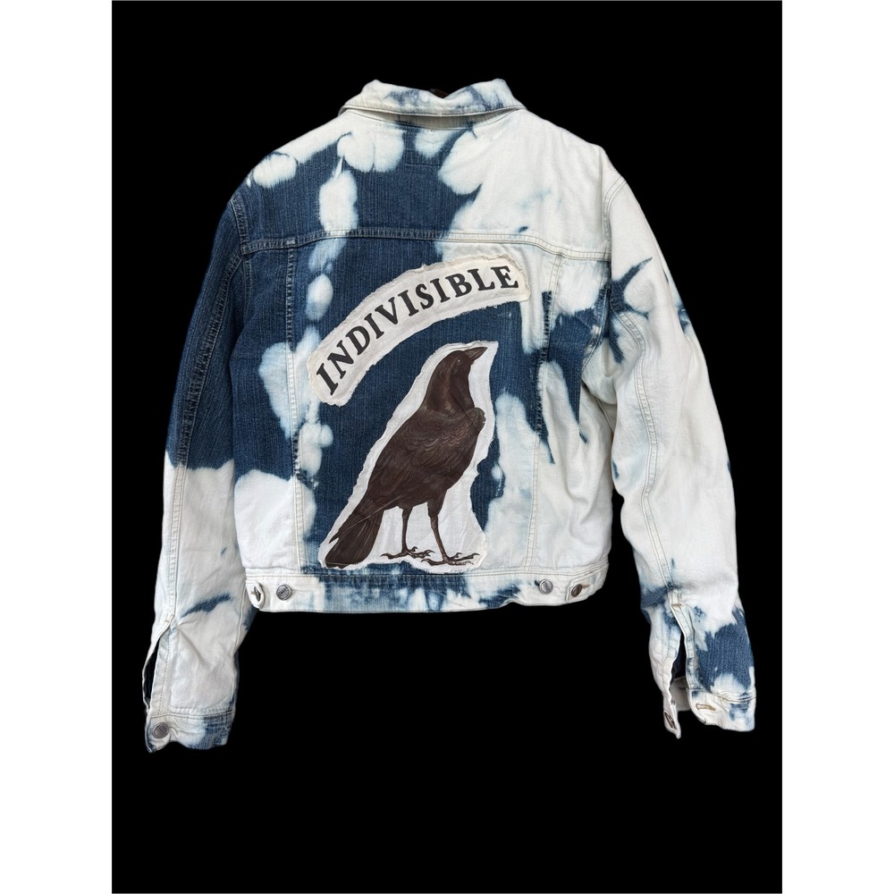 Upcycled Denim Jacket Crow Patch Indivisible Medium Folk Art - Picture 4 of 9